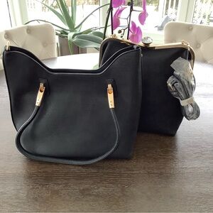 Black Women’s Two-Piece Handbag Set - Classic Everyday Tote and Clutch